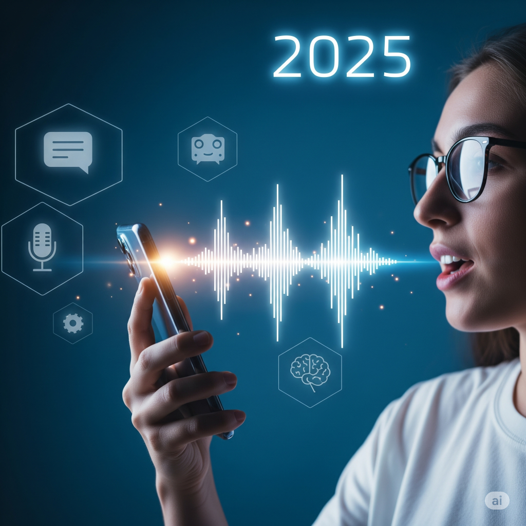 Voice search optimization in 2025 – AI assistant icons with sound waves and mobile device interface showing SEO advancements