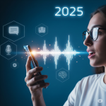 Voice search optimization in 2025 – AI assistant icons with sound waves and mobile device interface showing SEO advancements